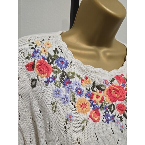 Vtg Cottage Cream Floral Embroidered Sweater Womens XL Granny Pointelle Pullover - Picture 2 of 6